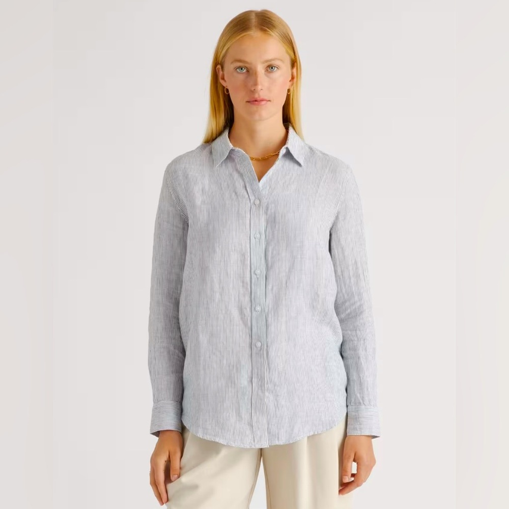 Quince 100% European Linen Long sleeve shirt- Blue Pinstripe- Small